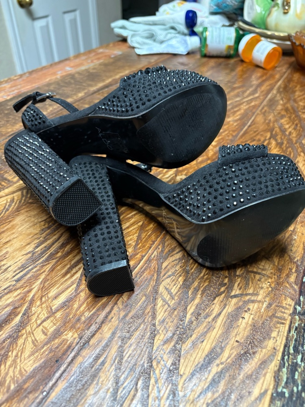 Y2K Aldo Black Mini Rhinestone Studded Platform Ankle-Strap Leather Heels Size 6 - Picture 9 of 11